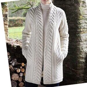 Aran Crafts Ireland Merino Wool Cozy Long Open Cardigan Sweater Sz M Scandi Girl